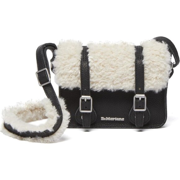 Luxurious Black Leather Satchel Bag with Faux Fur Interior - Compact Versatility - Picture 1 of 9